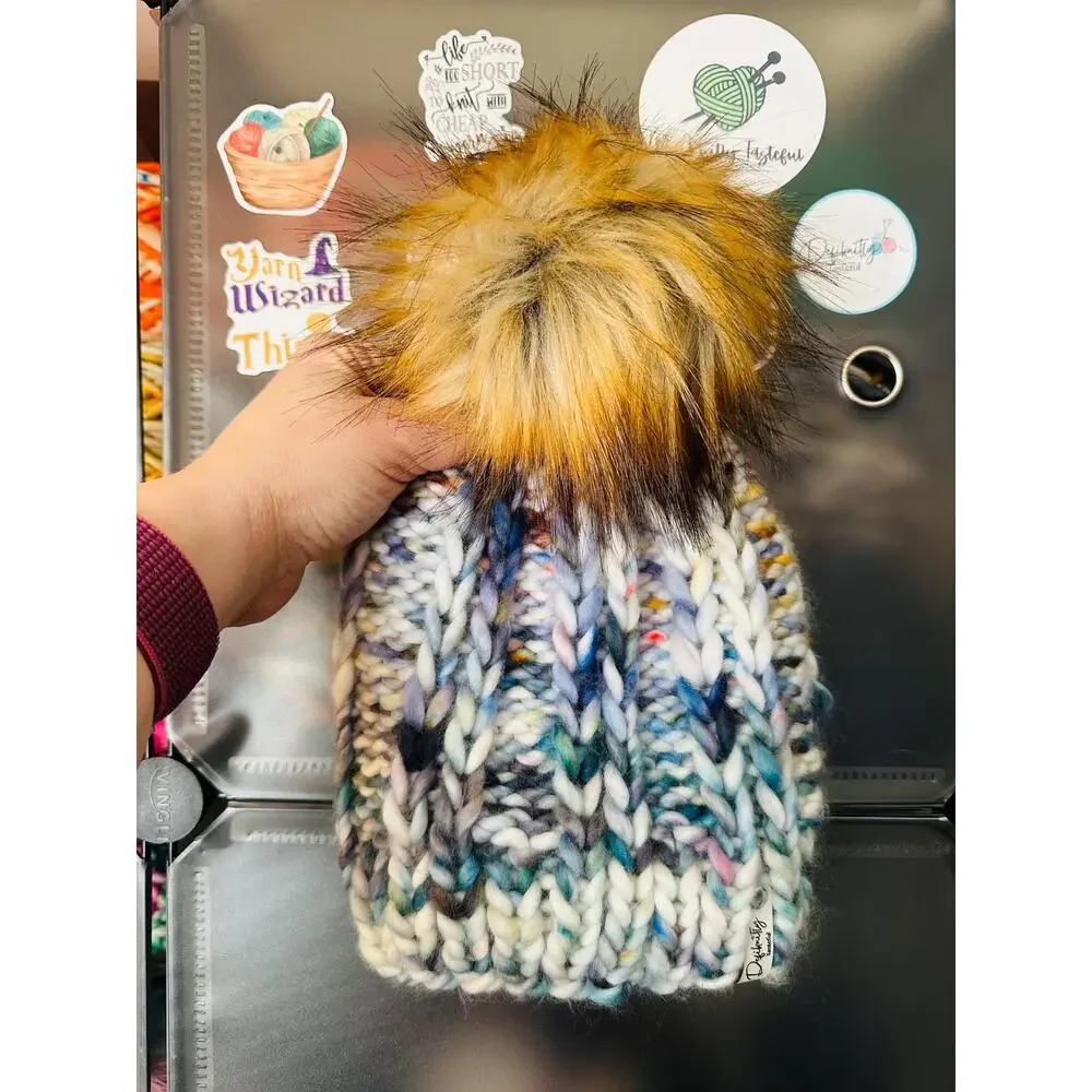 Handmade Scrappy Merino Wool Beanie: Colorful Winter Hat with Faux Fur Pom